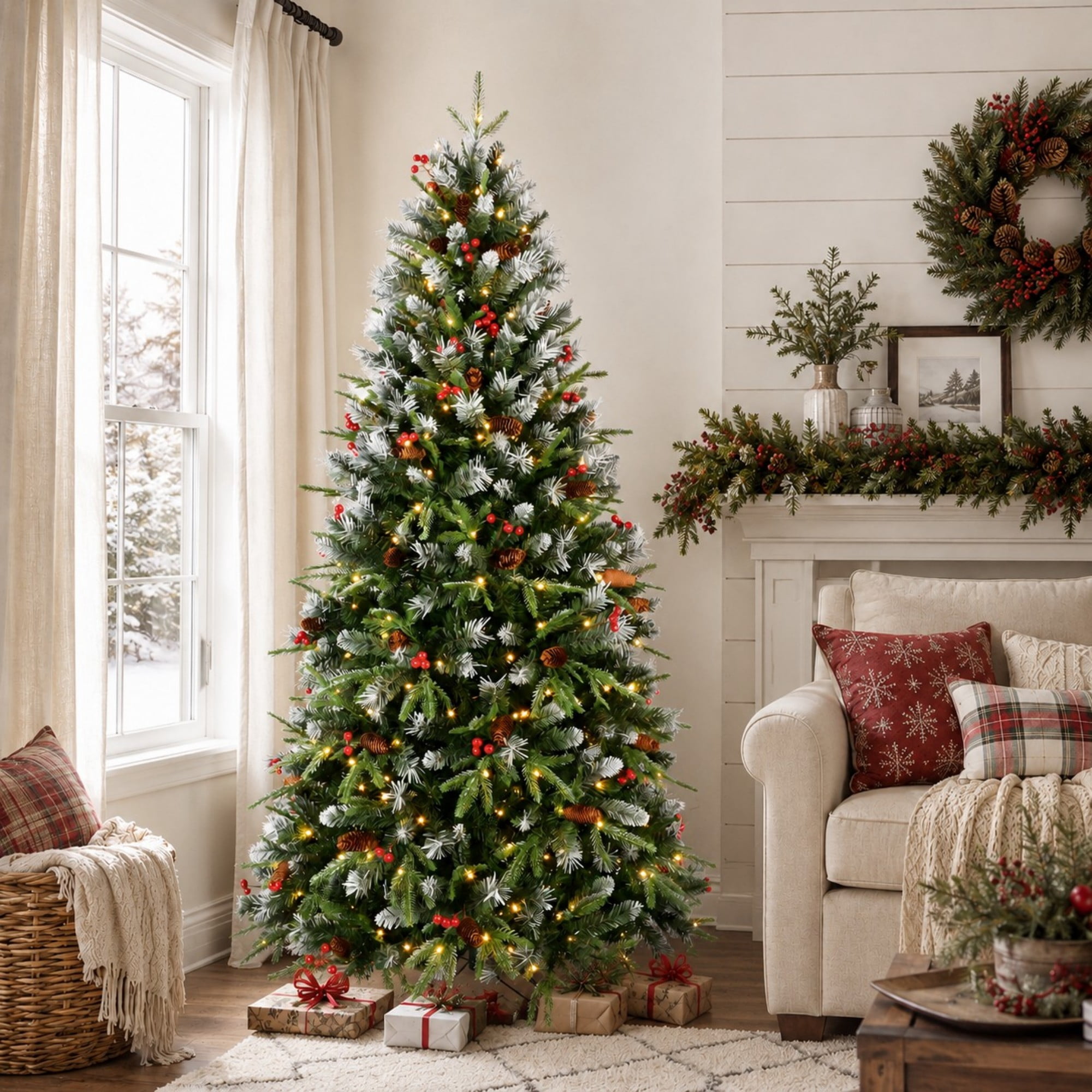DEALTOPS 9 FT Pre-Lit Snow-Tipped Christmas Tree with Red Berries, Pine Cones, 750 Warm White LEDs & 3750 Tips