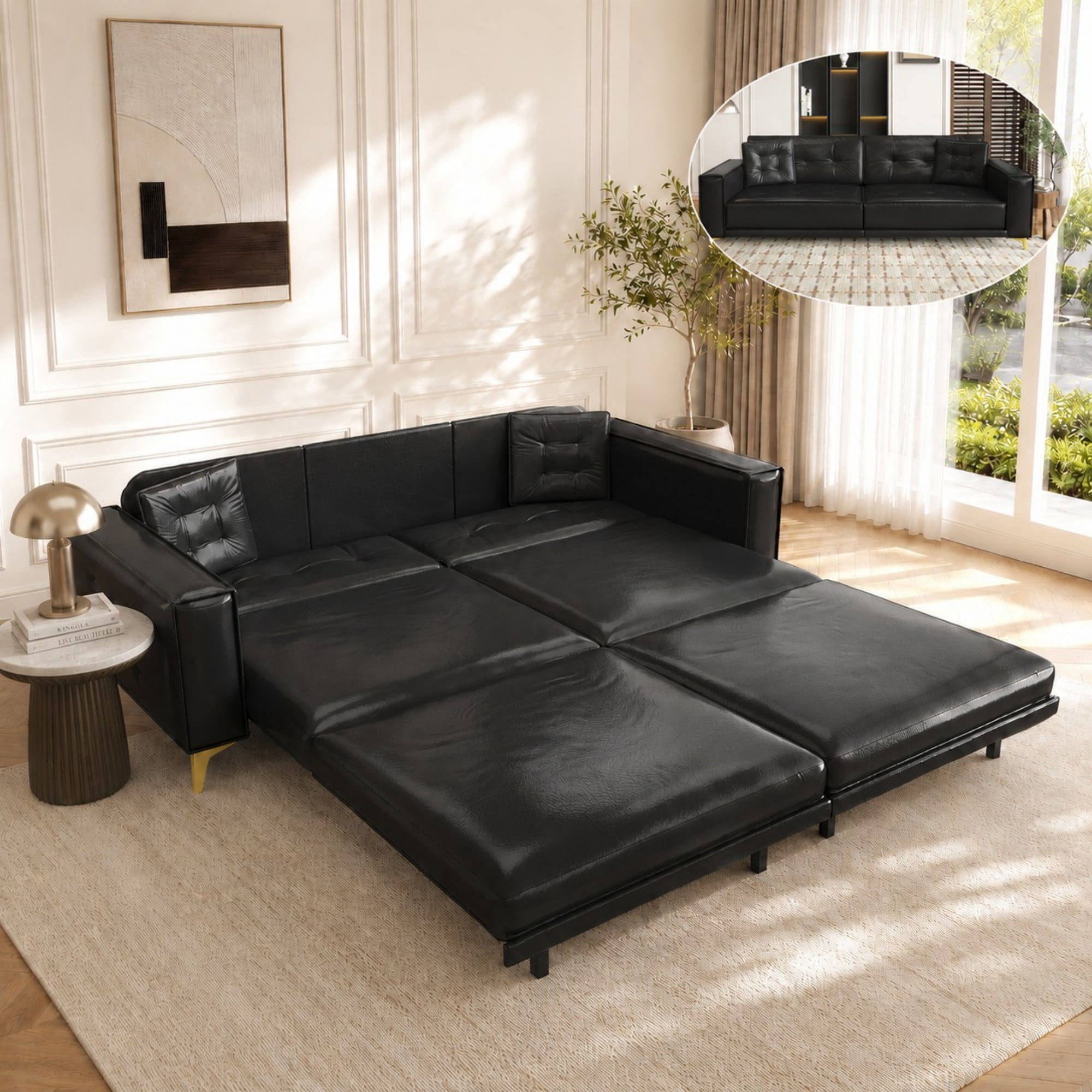 DEALTOPS 92" Modern 4-Seater Faux Leather Pull Out Sofa Bed, King Size 3-in-1 Sleeper with 2 Pillows, Black