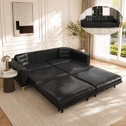 DEALTOPS 92" Modern 4-Seater Faux Leather Pull Out Sofa Bed, King Size 3-in-1 Sleeper with 2 Pillows, Black