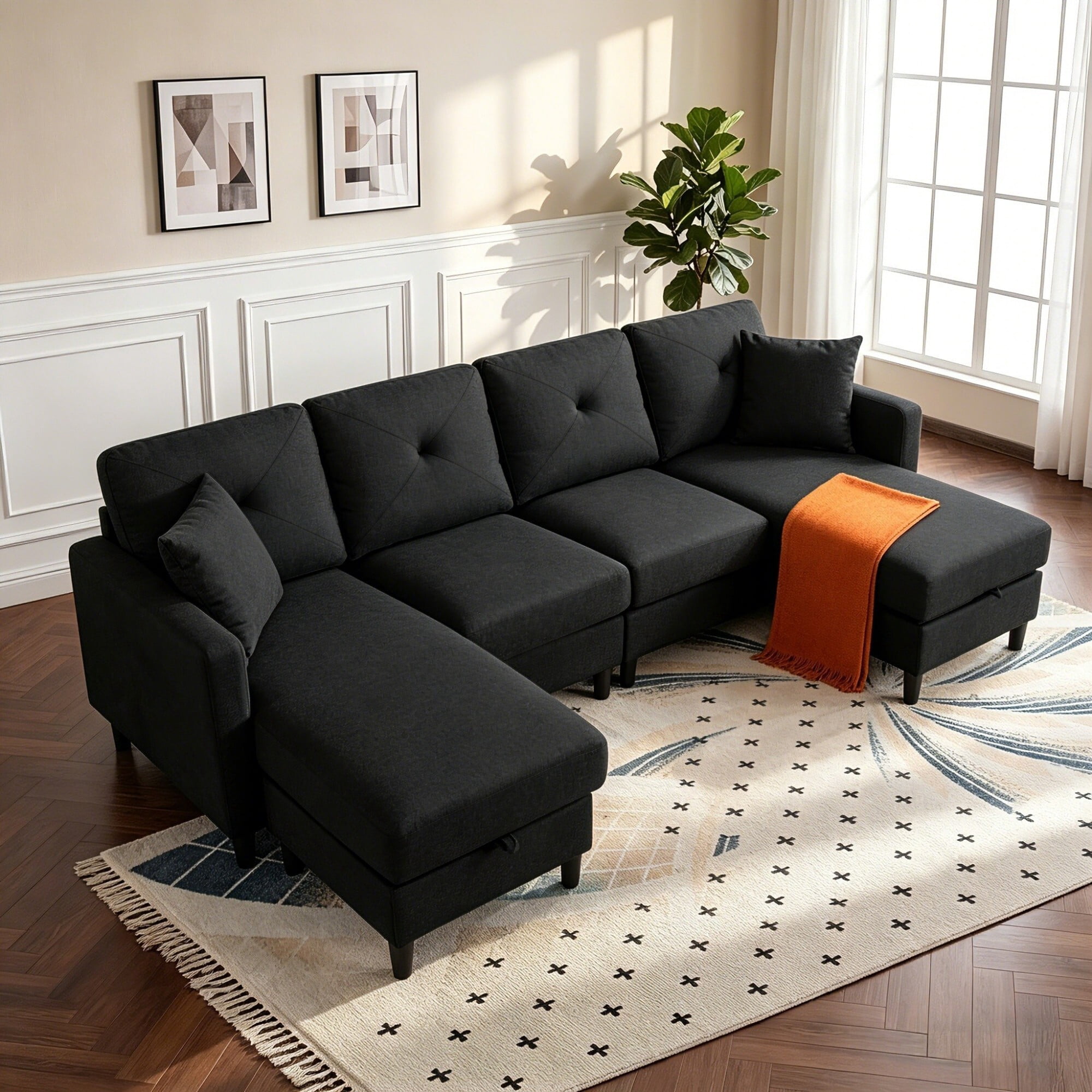 DEALTOPS 99" U-Shaped Modular Sectional Sofa, Modern Linen Fabric Couch with Dual Storage Ottomans & 2 Pillows, Black