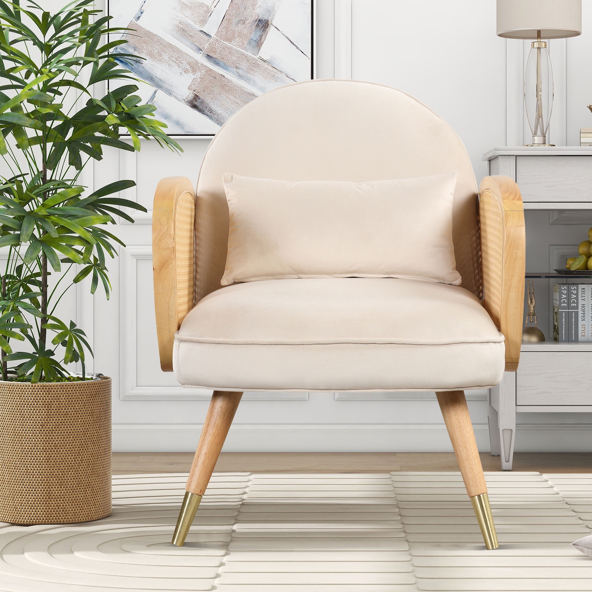 DEALTOPS Armchair with Rattan Armrest and Metal Legs, Mid Century Modern Accent Chairs, White