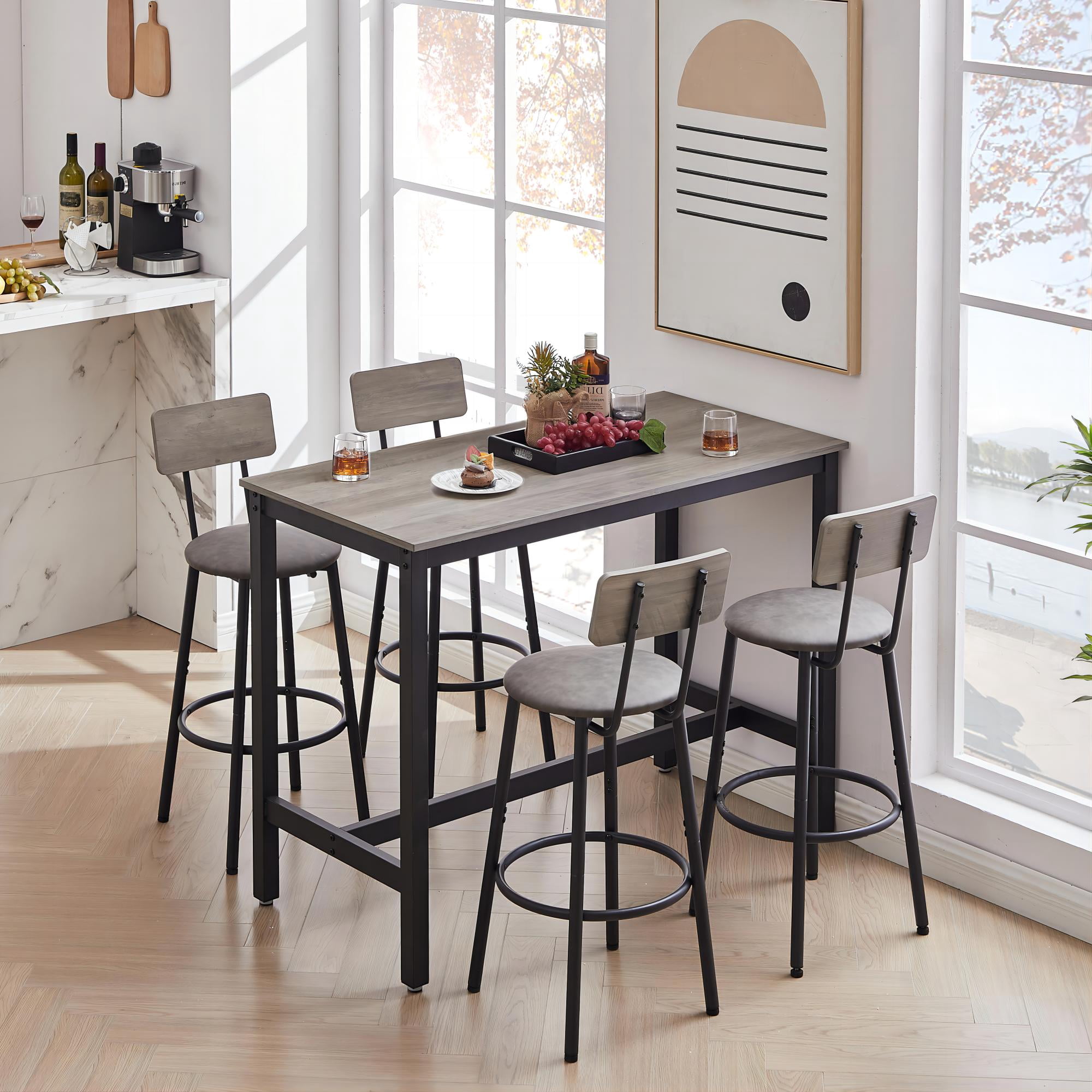 DEALTOPS Bar Table Set with 4 Bar stools PU Soft seat with backrest, 47.24'' L x 23.62'' W x 35.43'' H-Grey