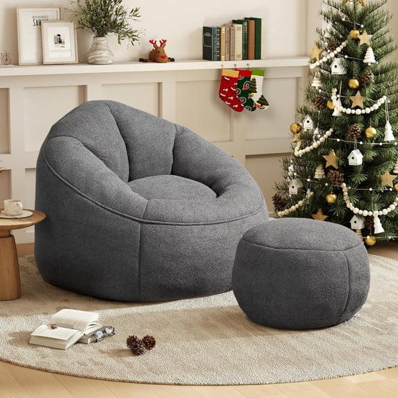 DEALTOPS Bean Bag Sofa Chair with Footrest, Foam-Filled Comfy Lounge Chair for Living Room, Bedroom, Dorm & Nursery, Gray