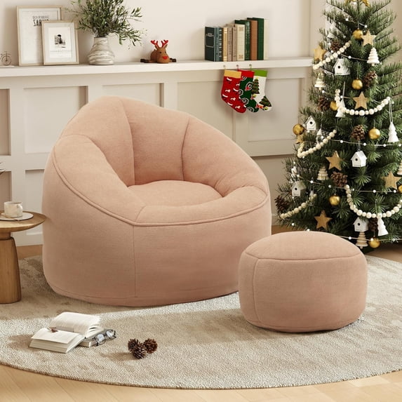 DEALTOPS Bean Bag Sofa Chair with Footrest, Foam-Filled Comfy Lounge Chair for Living Room, Bedroom, Dorm & Nursery, Tan