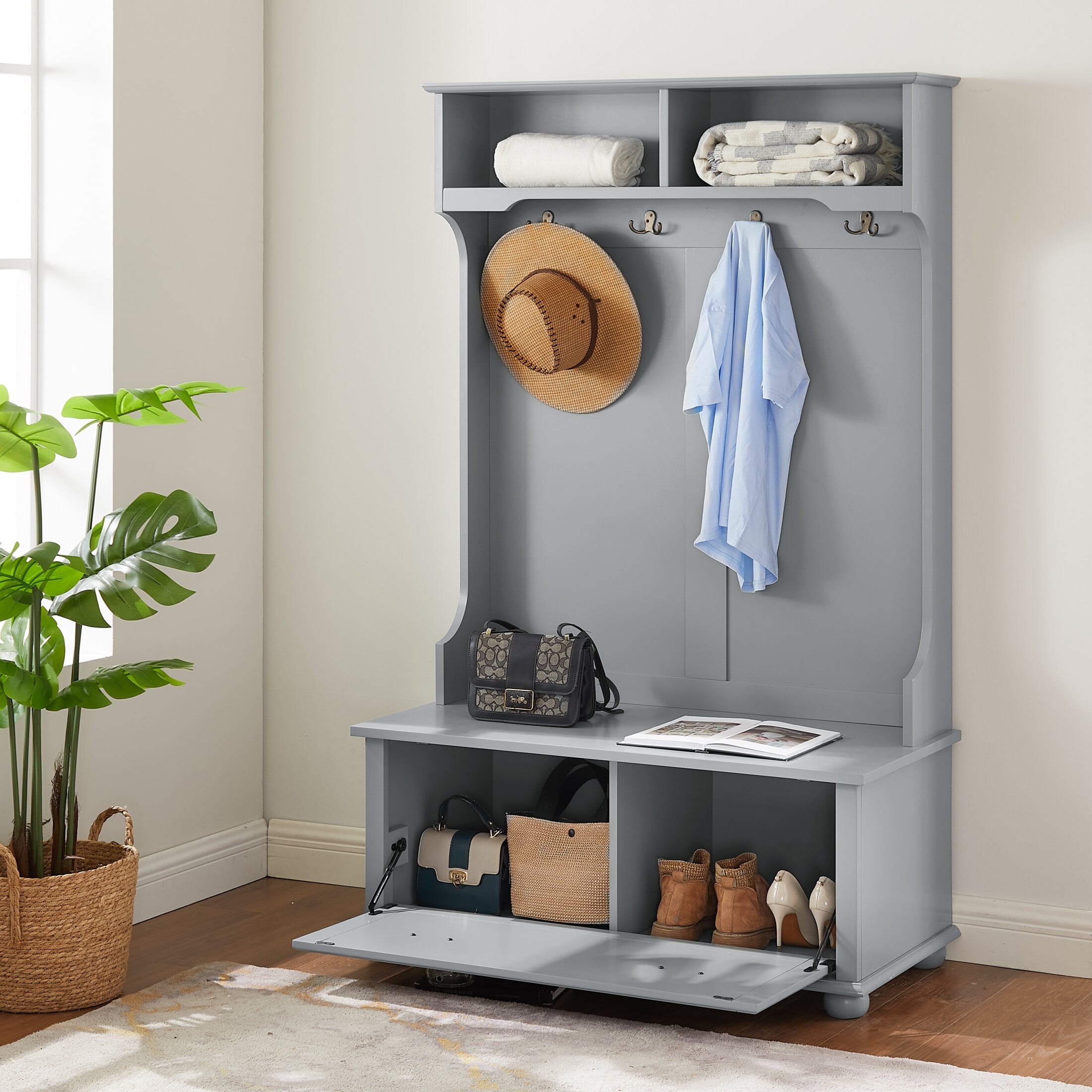 DEALTOPS Classic Hall Tree with Bench and Open Shelves, Entryway Coat Racks with Cabinets, Gray