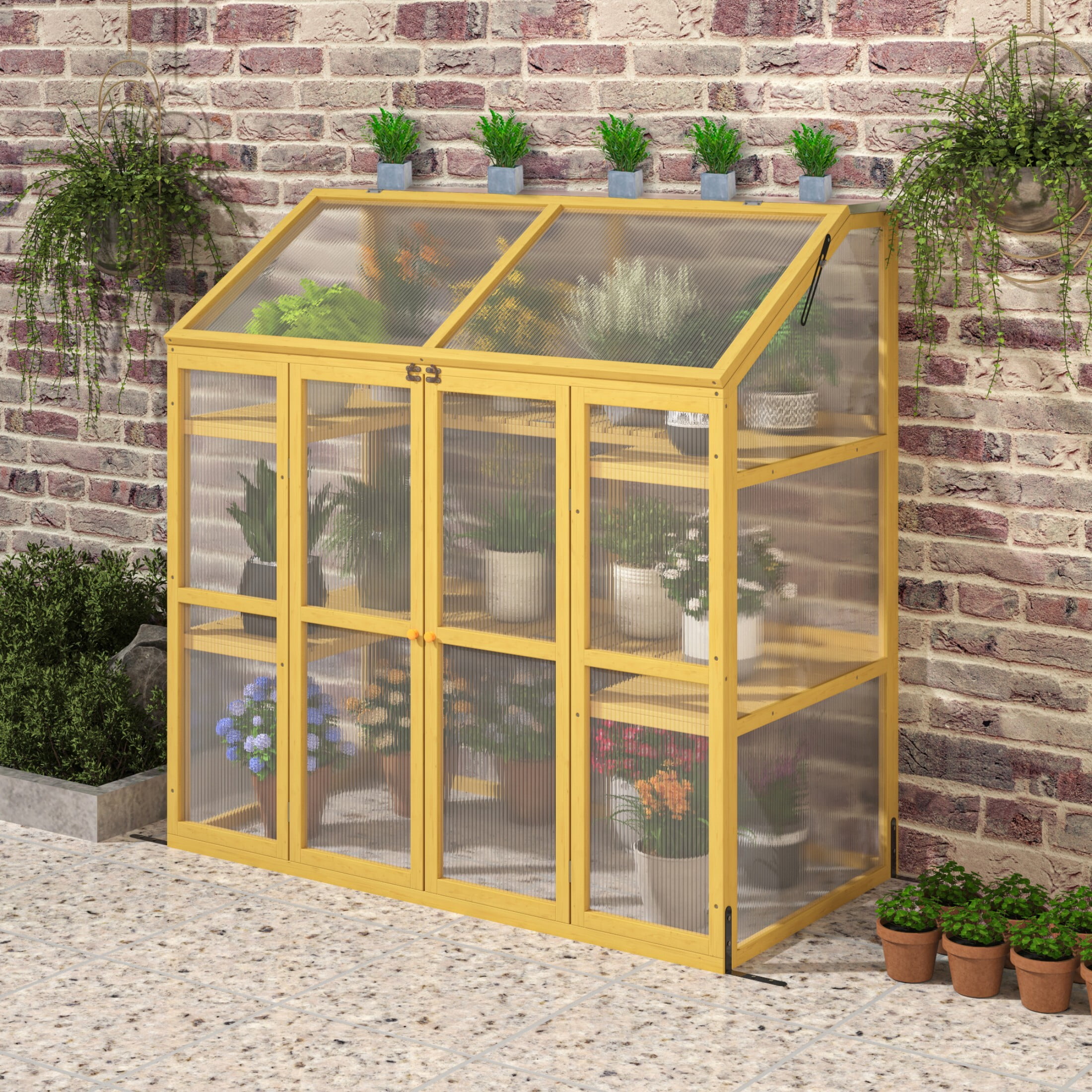 DEALTOPS Cold Frame Greenhouse for Plants, Wooden Greenhouse Cabinet Garden Shed with Polycarbonate Sheet and Foldable Top, Natural