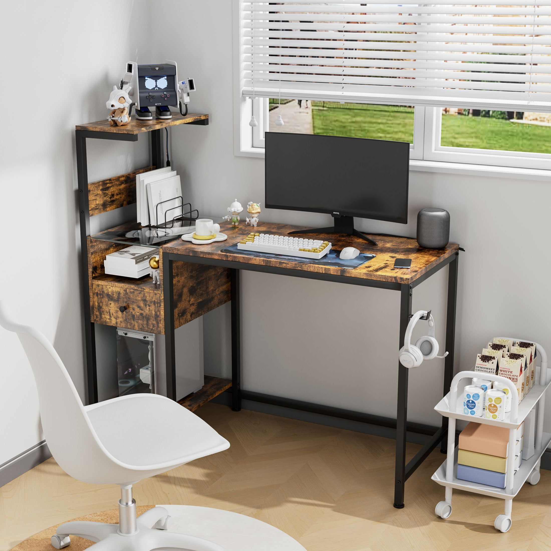 DEALTOPS Computer Desk with LED Lights, Gaming Desk with Reversible Shelves and Charging Station, Rustic Brown