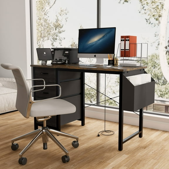DEALTOPS Computer Desk with Power Outlets, Office desk with Reversible Fabric Drawers and Side Pocket, Rustic Brown