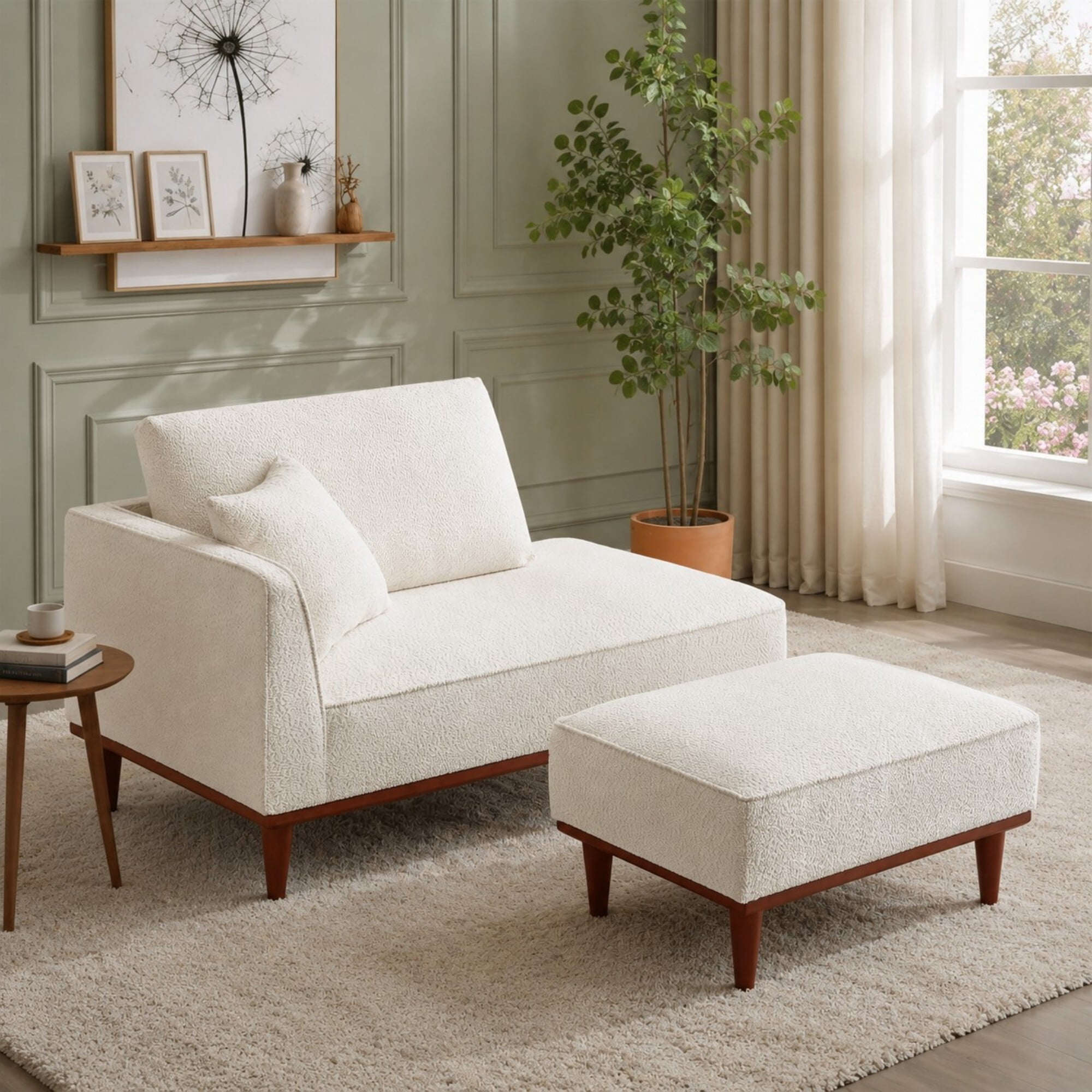DEALTOPS Convertible Boucle Upholstered Chaise Lounge Chair with Ottoman for Living Room Bedroom, Cream
