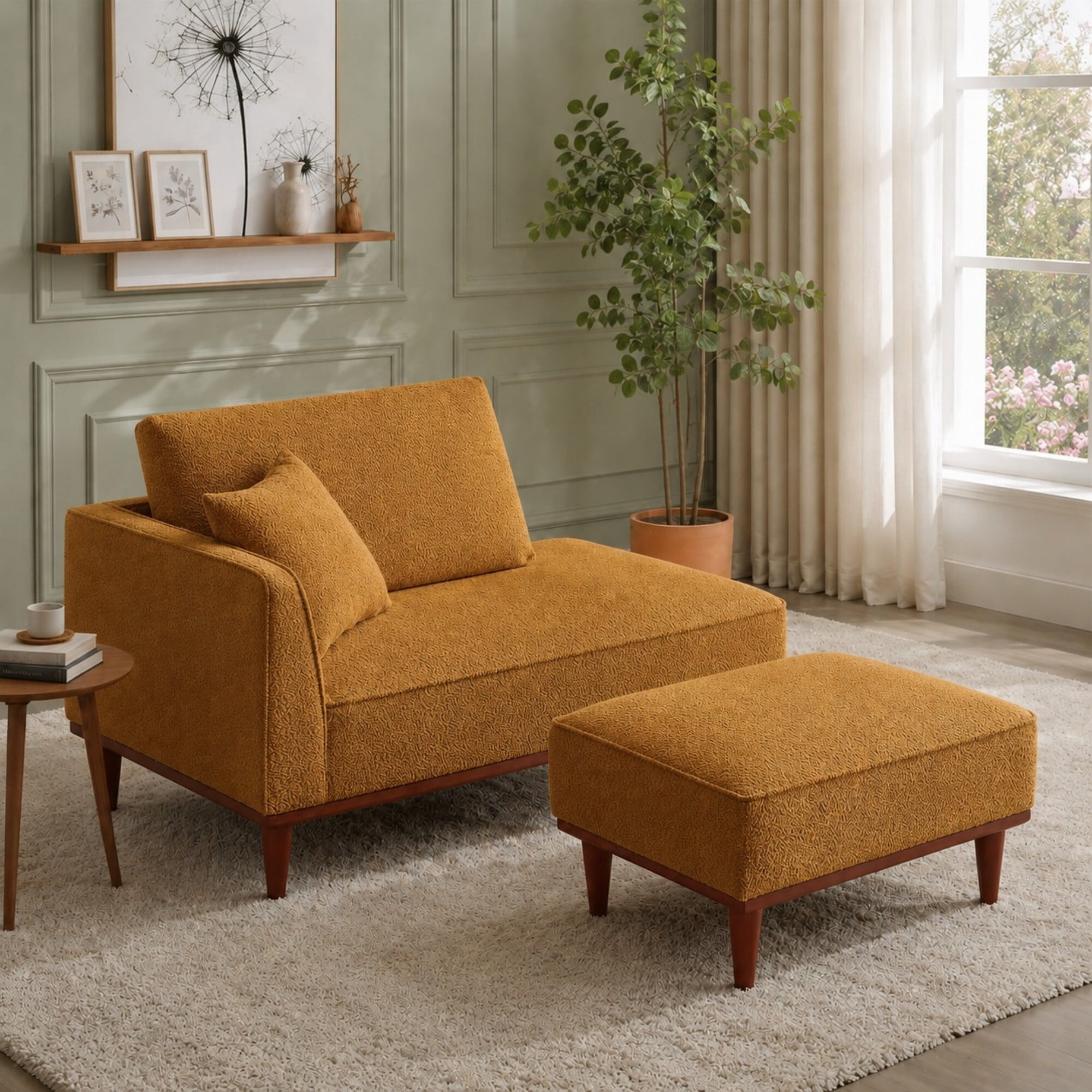 DEALTOPS Convertible Boucle Upholstered Chaise Lounge Chair with Ottoman for Living Room Bedroom, Ginger
