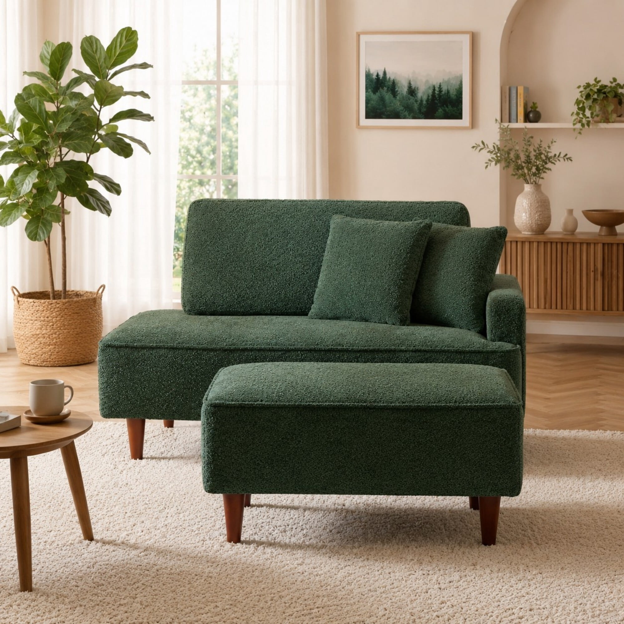 DEALTOPS Convertible Boucle Upholstered Chaise Lounge Chair with Ottoman for Living Room Bedroom, Green