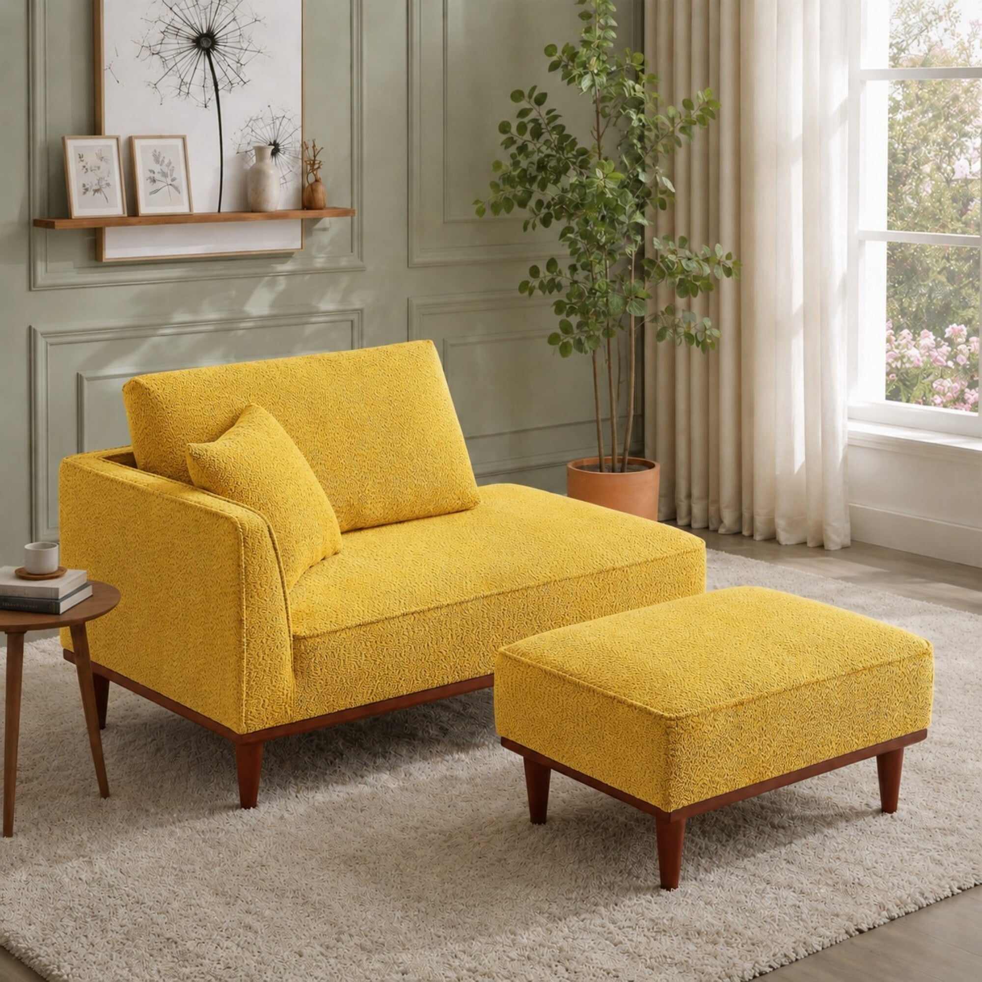 DEALTOPS Convertible Boucle Upholstered Chaise Lounge Chair with Ottoman for Living Room Bedroom, Yellow