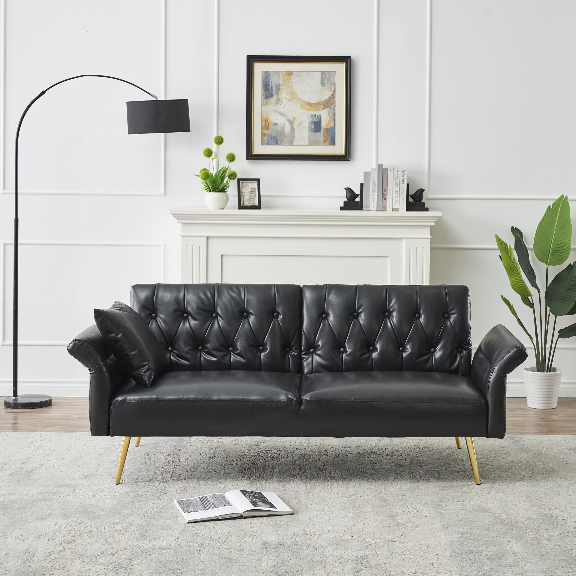 DEALTOPS Convertible Futon Sofa Bed, Faux Leather Loveseat Couch with Adjustable Armrests and backrests, Black