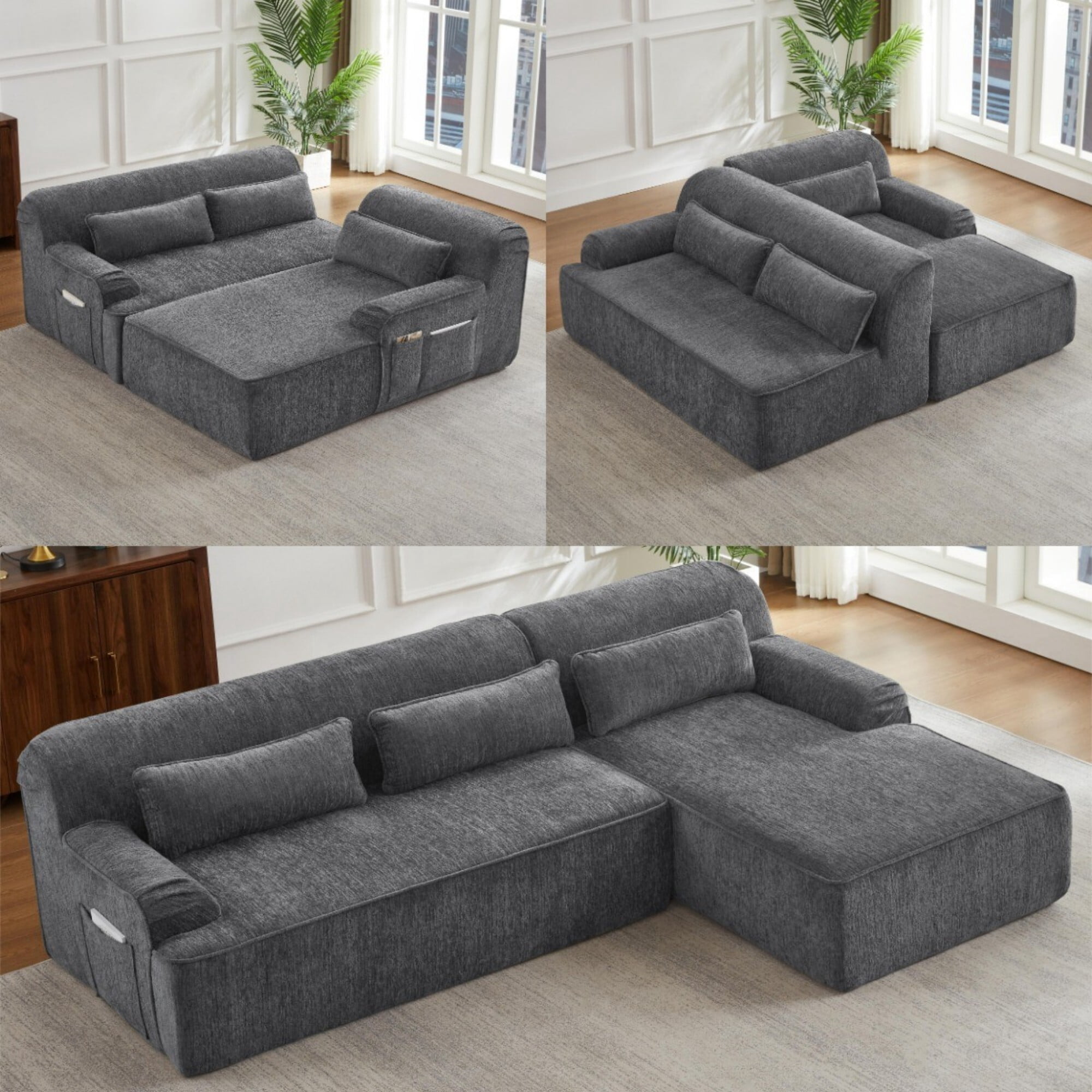 DEALTOPS Convertible L-Shaped Sectional Sofa with Right Chaise – Chenille & Foam Material, Storage Pockets, Gray