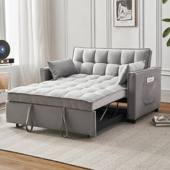 DEALTOPS Convertible Loveseat 55" 3-in-1 Multi-Functional Pull-Out Bed, Grey Velvet
