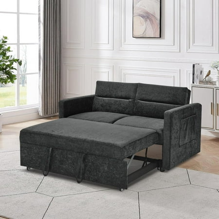 DEALTOPS Convertible Pull Out Sofa Bed, Adjustable Loveseat Sleeper with Side Pockets, Black