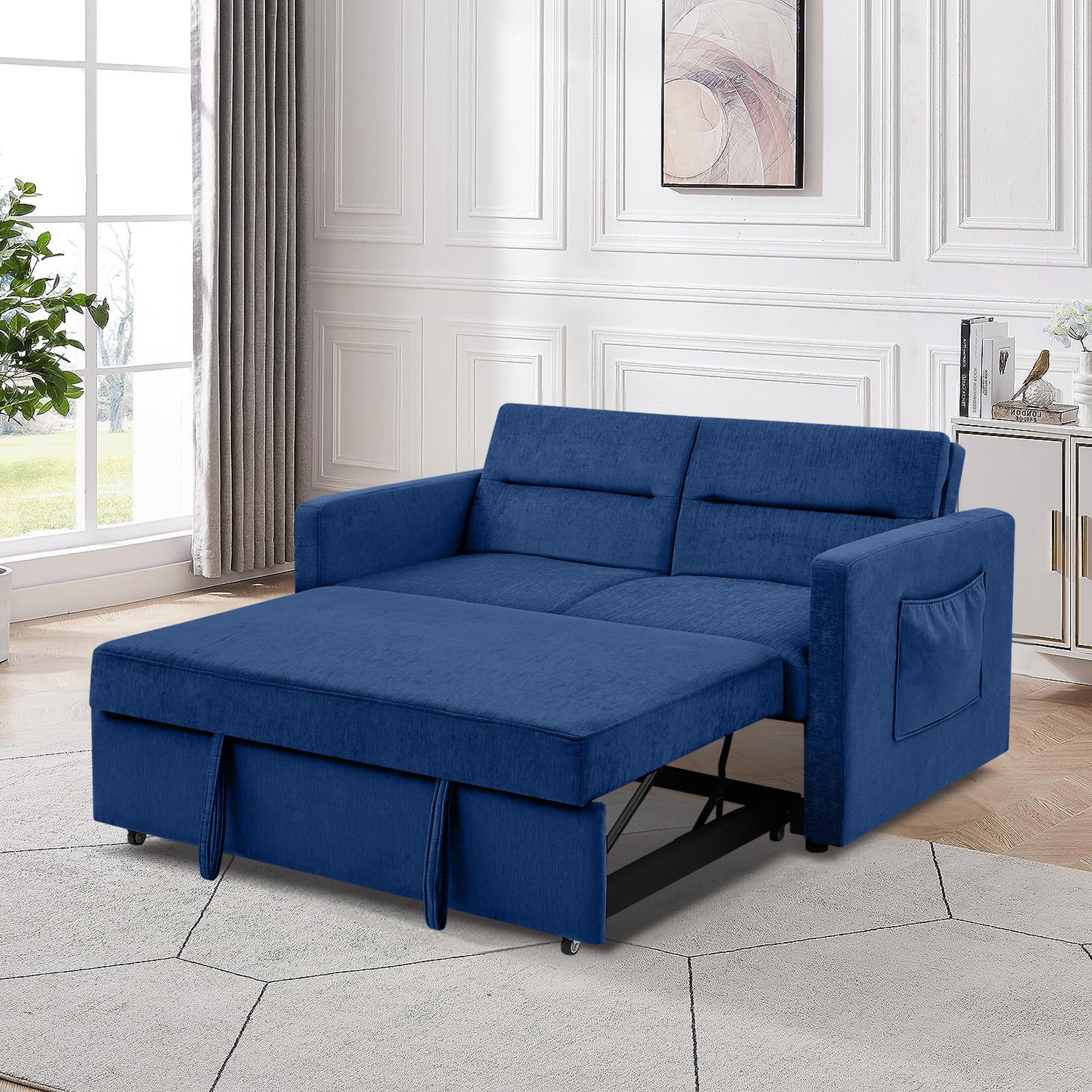 DEALTOPS Convertible Pull Out Sofa Bed, Adjustable Loveseat Sleeper with Side Pockets, Blue
