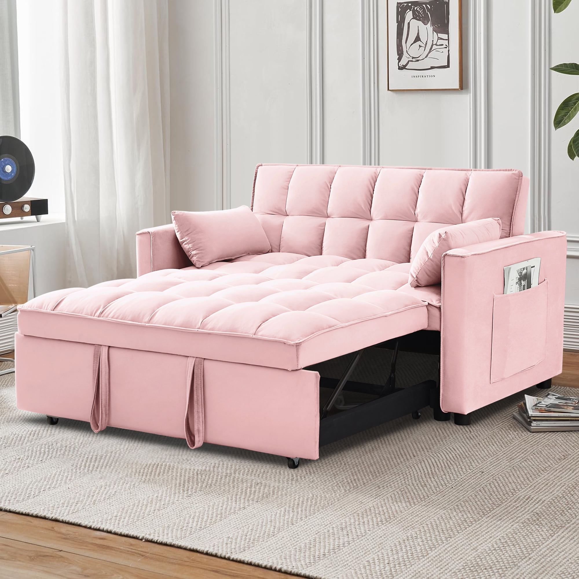 DEALTOPS Convertible Loveseat 55" 3-in-1 Multi-Functional Pull-Out Bed, Pink Velvet