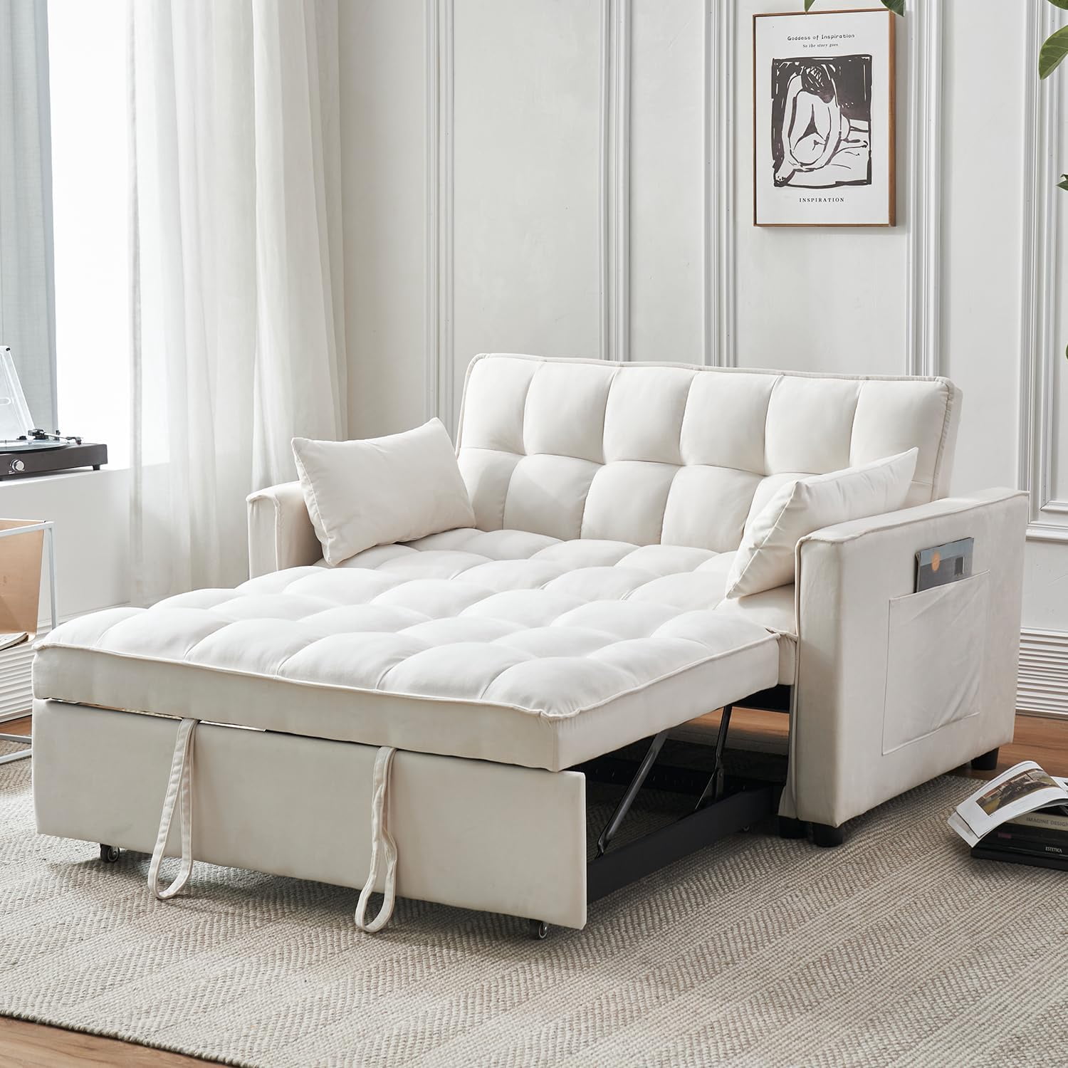 DEALTOPS Convertible Loveseat 55" 3-in-1 Multi-Functional Pull-Out Bed, White Velvet