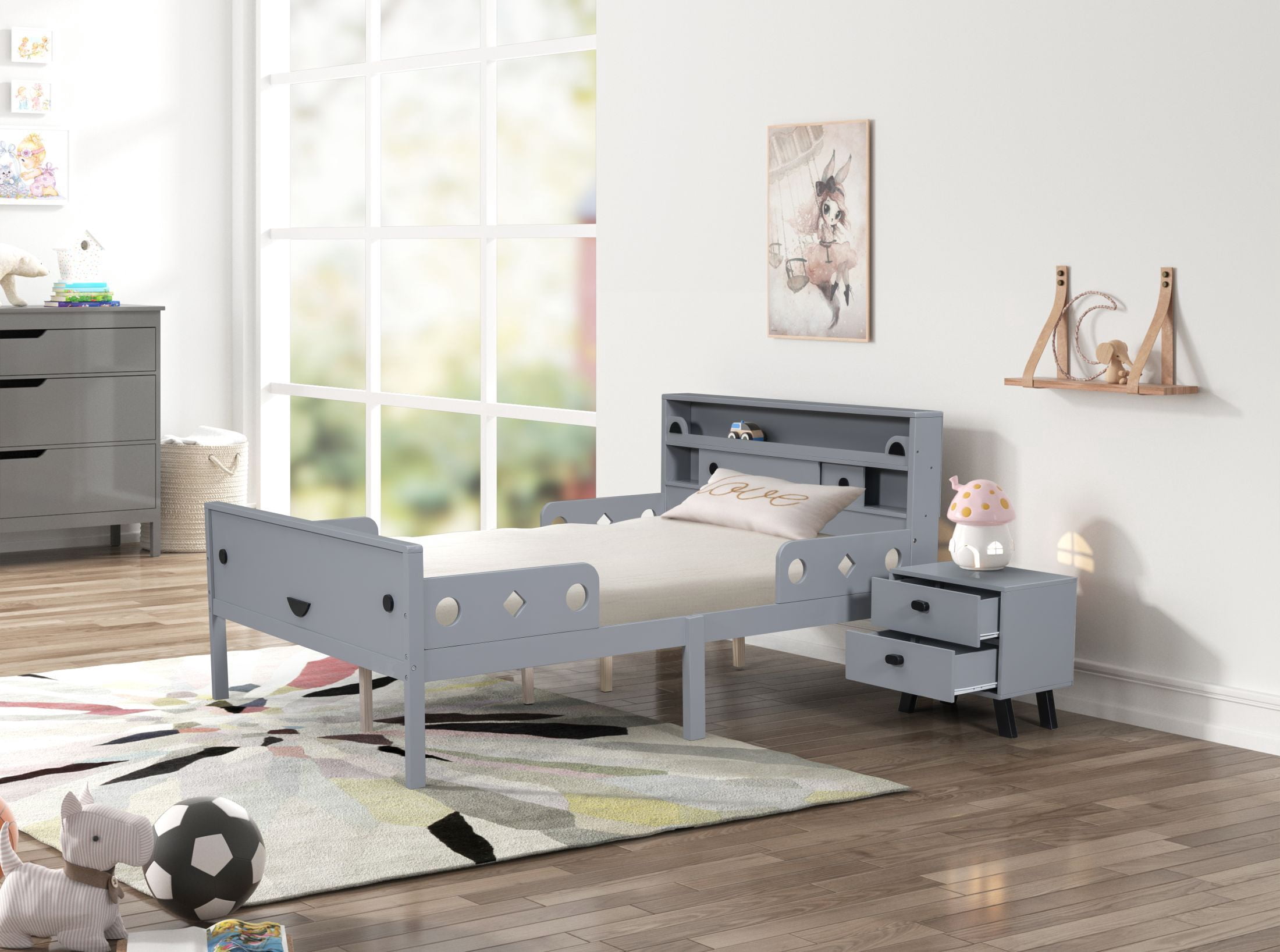 DEALTOPS Cute Teddy Bear Full Size Platform Bed with Small Nightstand Set for Kids' Bedroom, Gray