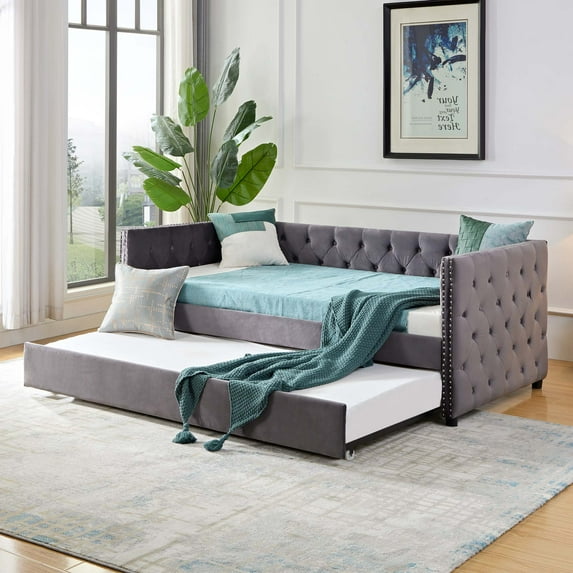 DEALTOPS Daybed with Trundle Upholstered Tufted Sofa Bed for Bedroom Living Room, Gray