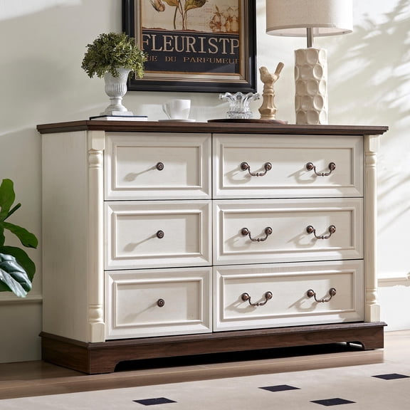 DEALTOPS Farmhouse 6-Drawer Dresser, Wide Storage Chest with Solid Wood Columns, Shabby Chic Bedroom Cabinet, White