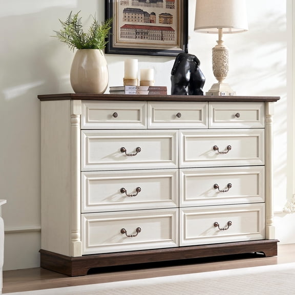 DEALTOPS Farmhouse 9-Drawer Dresser, Wide Storage Chest with Solid Wood Columns, Shabby Chic Bedroom Cabinet, White