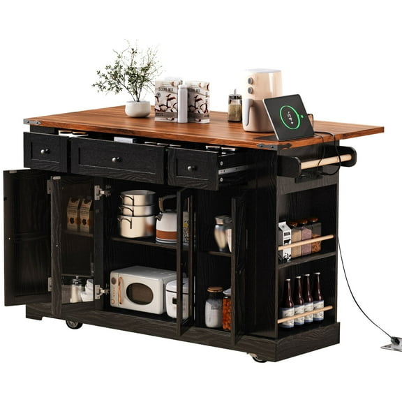 DEALTOPS Farmhouse Kitchen Island with Drop Leaf and Power Outlet, Rolling Kitchen Storage Cart with Open Shelves, Black