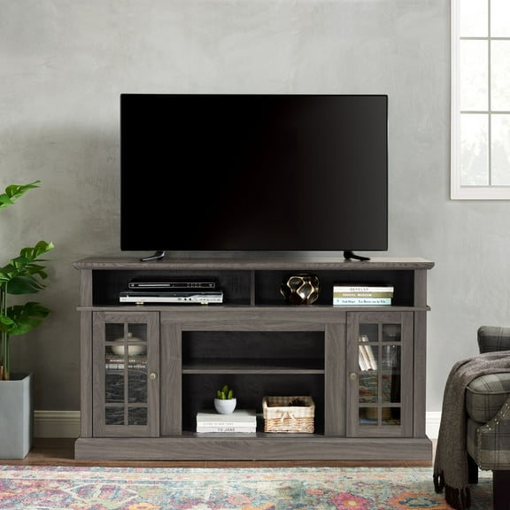 DEALTOPS Farmhouse TV Stand Entertainment Center with Open and Closed Storage Space for TVs Up to 65'', Dark Walnut