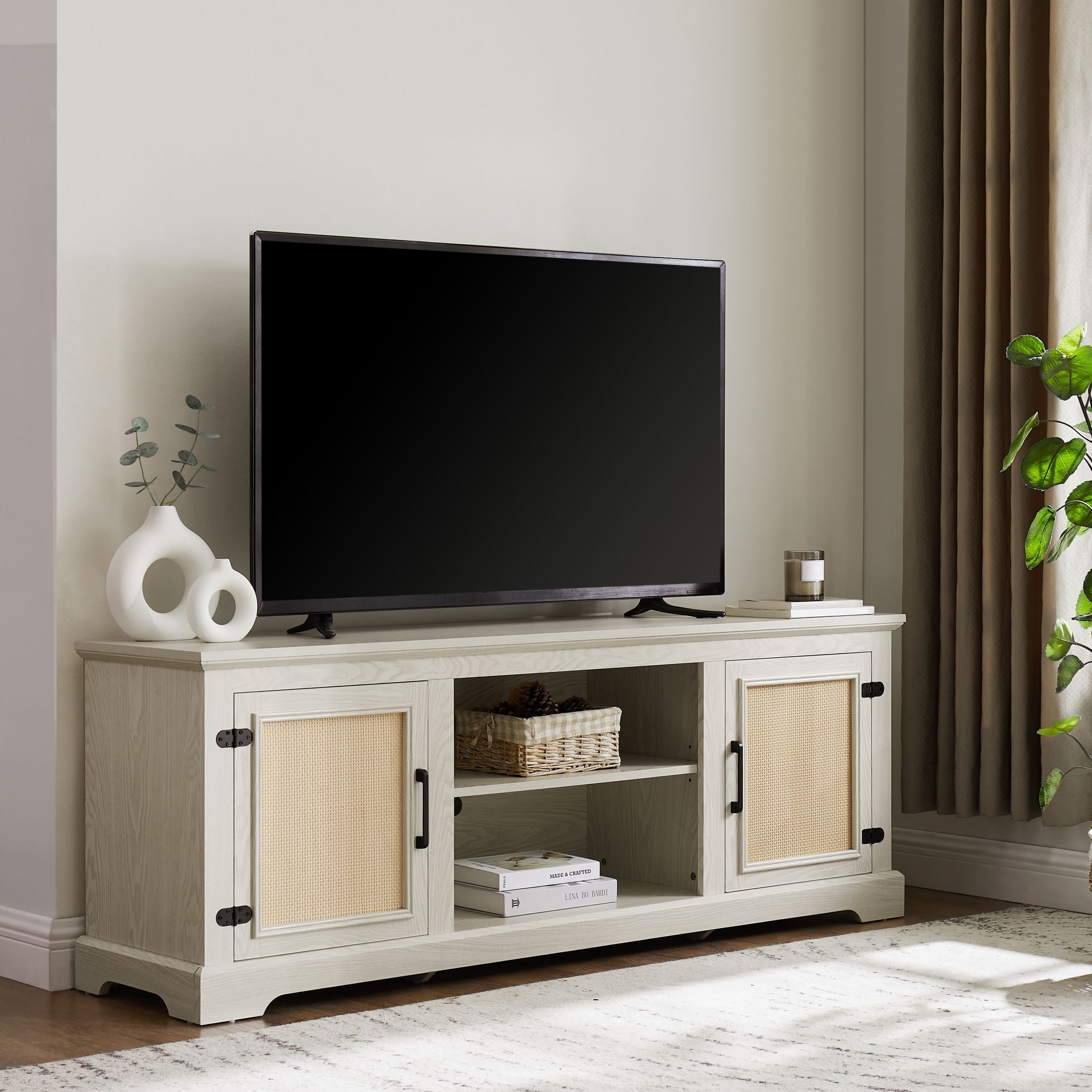 DEALTOPS Farmhouse TV Stand with Rattan Doors and Adjustable Shelves for TVs Up to 70'', Antique White