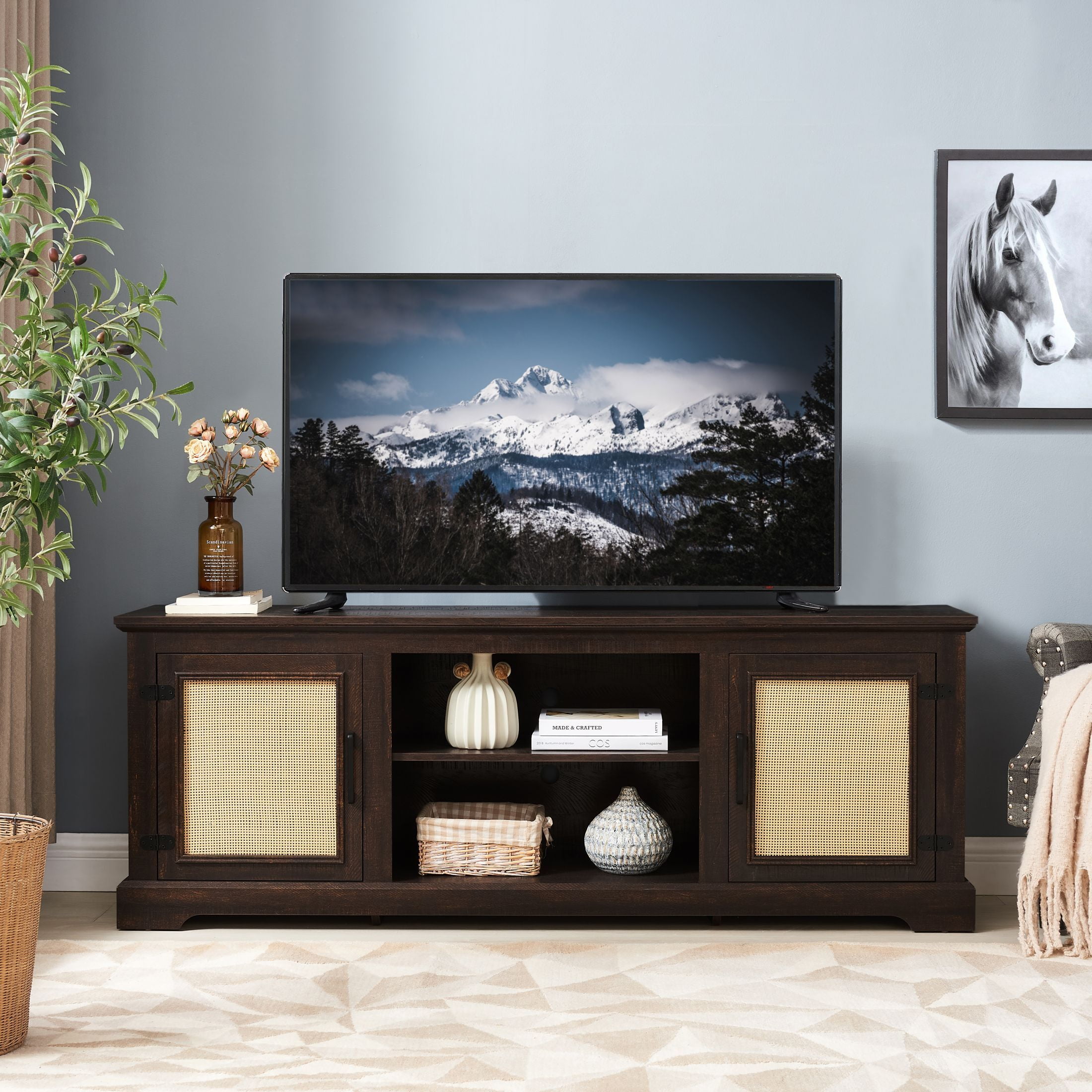 DEALTOPS Farmhouse TV Stand with Rattan Doors and Adjustable Shelves for TVs Up to 70'', Espresso