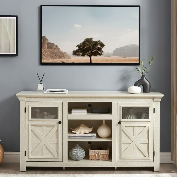 DEALTOPS Farmhouse TV Stand with Spacious Cabinets, Console Table with Adjustable Shelves for TVs Up to 65'', Antique White