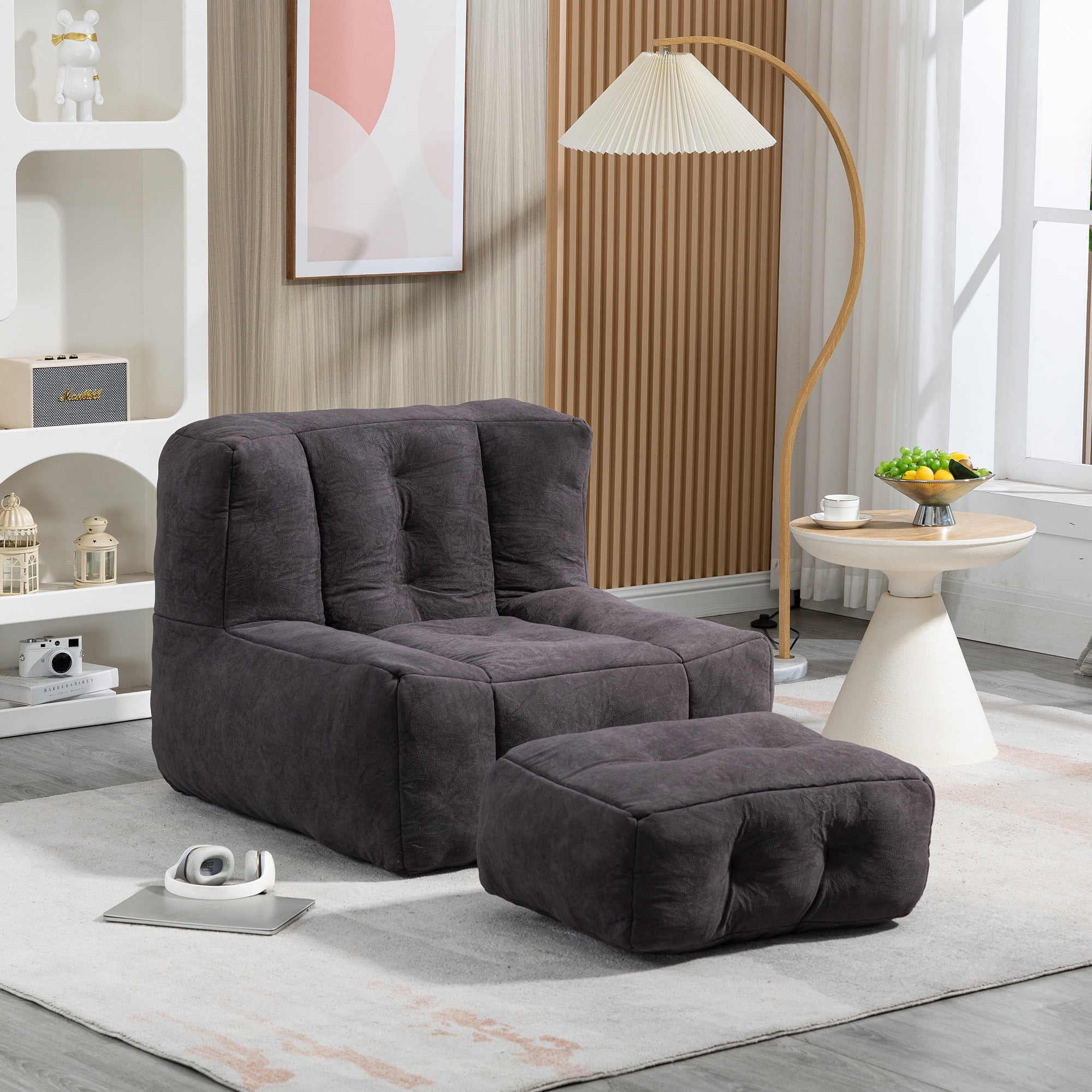 DEALTOPS Fluffy Bean Bag Chair with Ottoman for Adults & Teens, Super Soft Lazy Sofa Chair with Memory Foam for Living Room, Bedroom, Apartment-Black