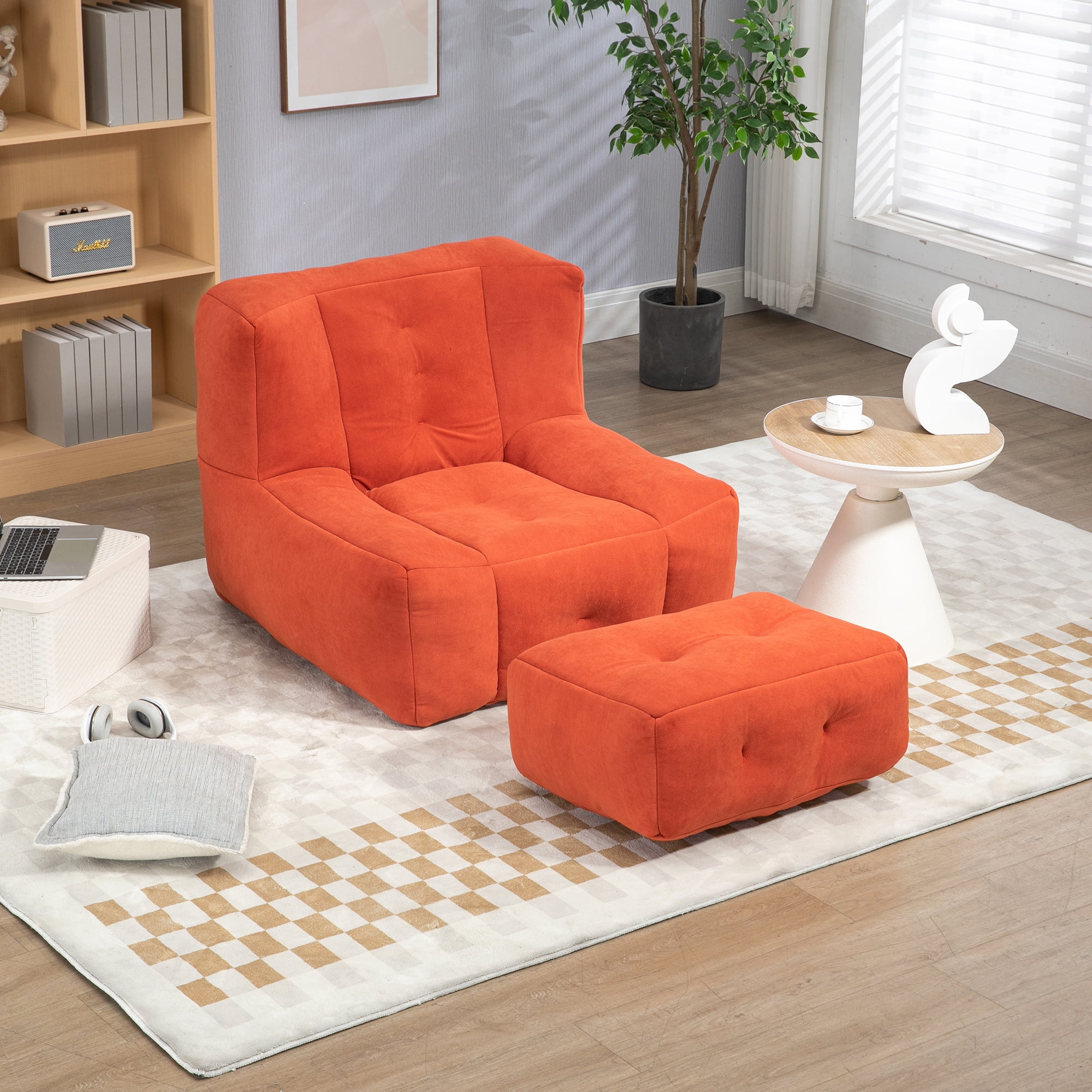 DEALTOPS Fluffy Bean Bag Chair with Ottoman for Adults & Teens, Super Soft Lazy Sofa Chair with Memory Foam for Living Room, Bedroom, Apartment-Red