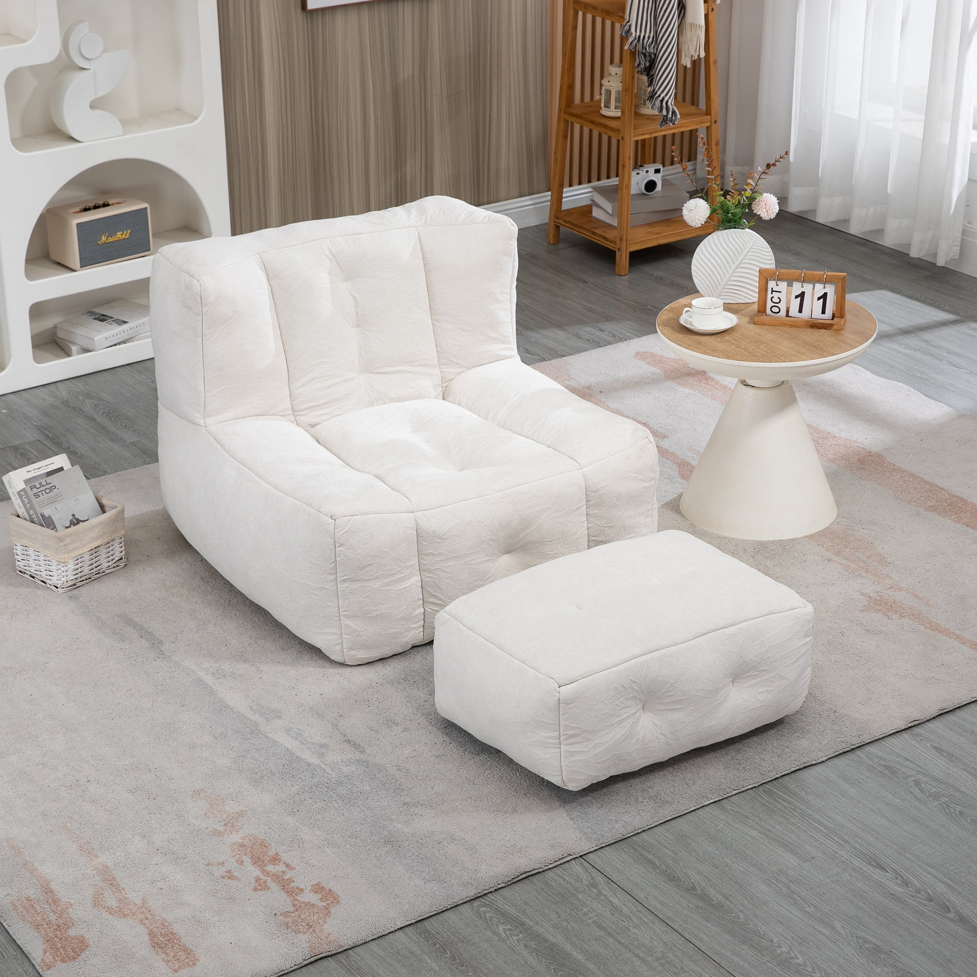 DEALTOPS Fluffy Bean Bag Chair with Ottoman for Adults & Teens, Super Soft Lazy Sofa Chair with Memory Foam for Living Room, Bedroom, Apartment-White
