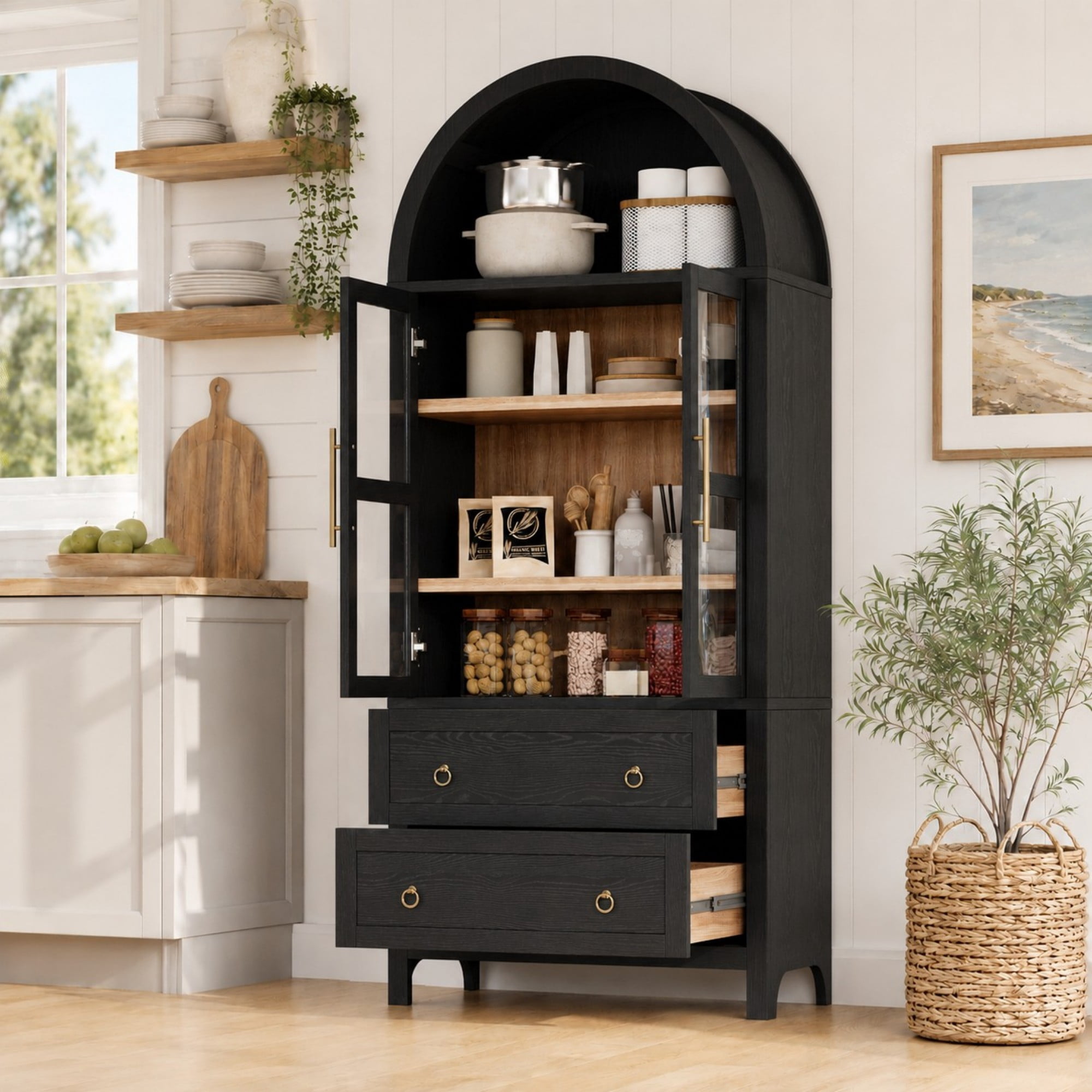 DEALTOPS Freestanding 71" Kitchen Pantry Cabinet with Arched Top, Adjustable Shelves and 2 Large Drawers, Black