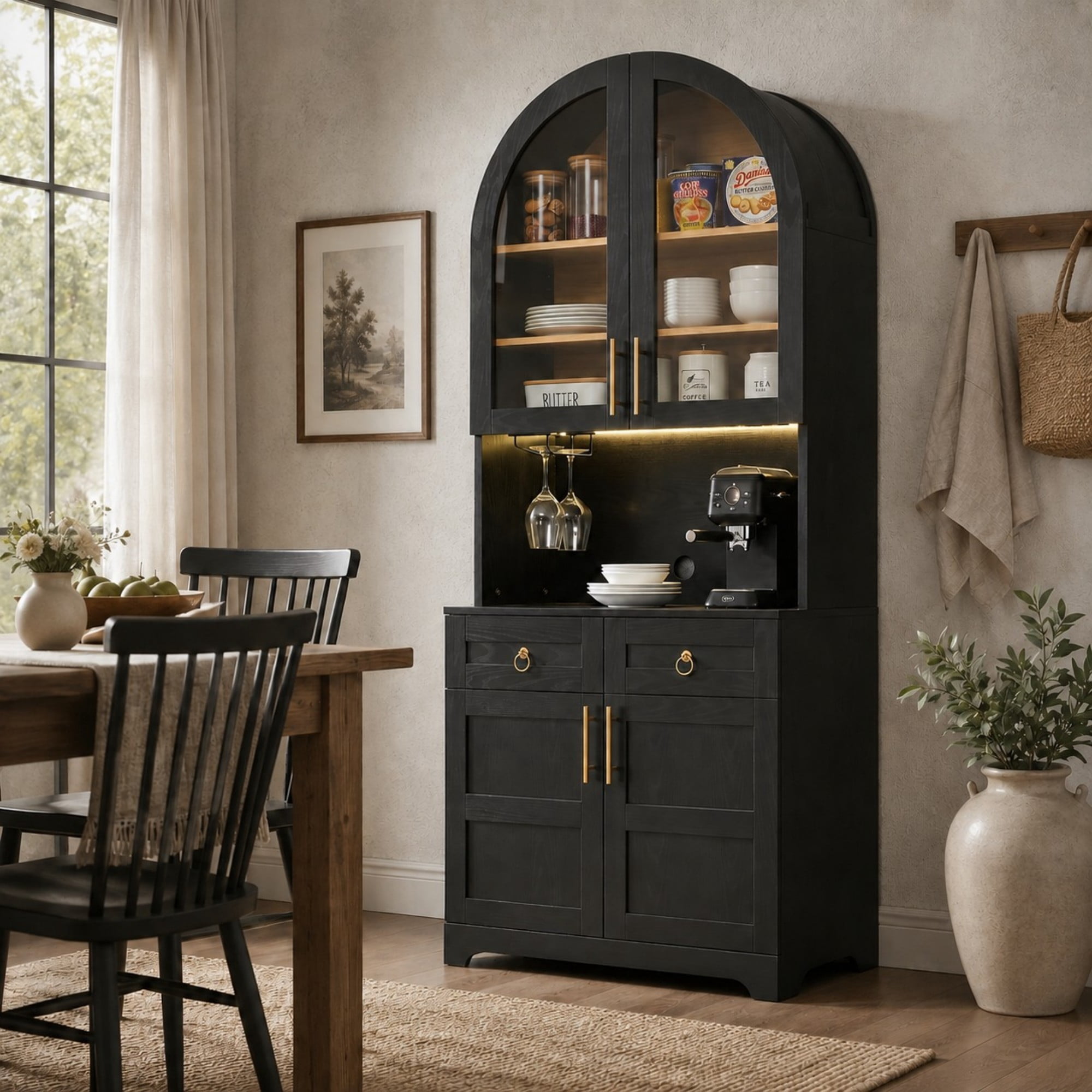 DEALTOPS Freestanding 74.8" Pantry Cabinet with Arched Top, Power Outlets and LED Light, Black