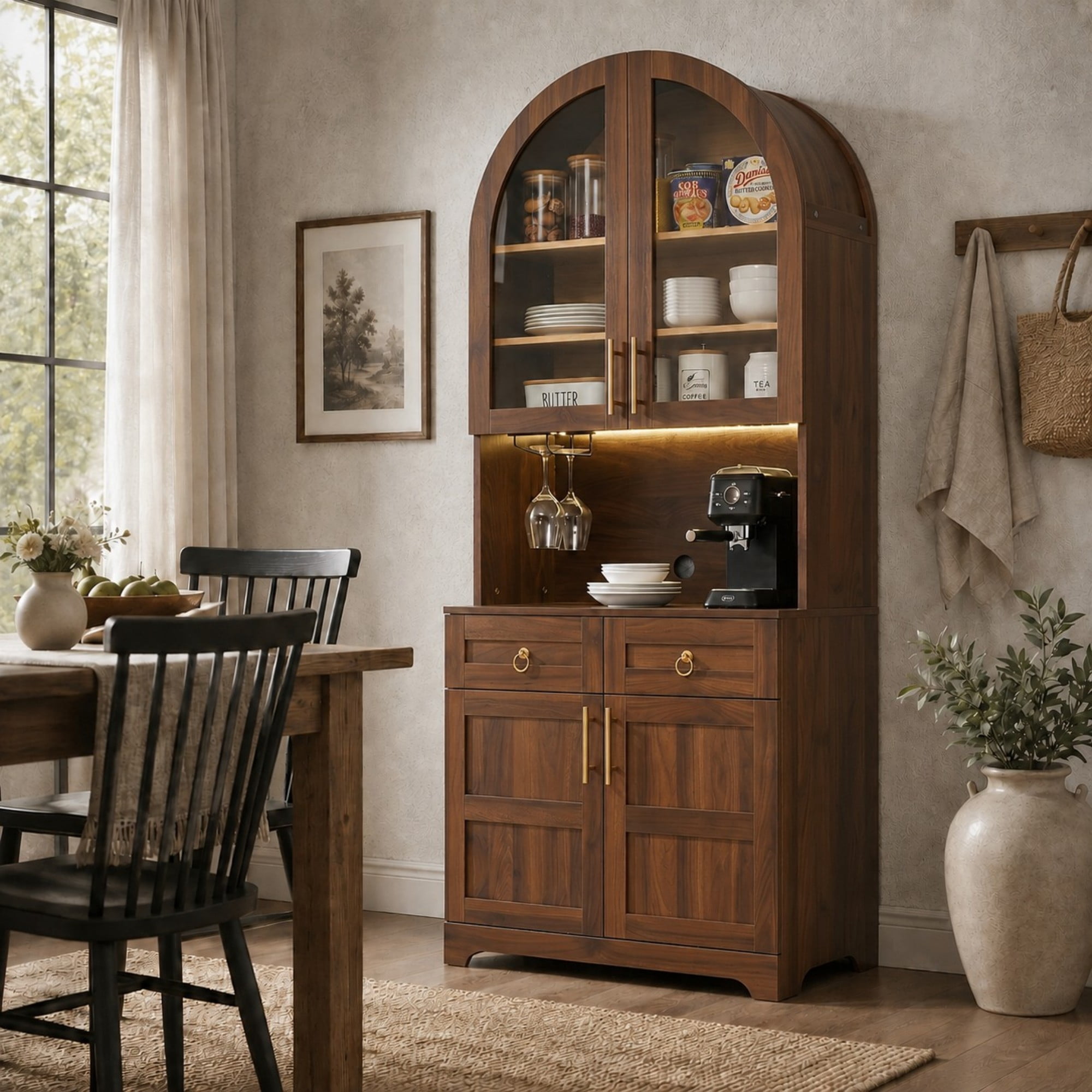 DEALTOPS Freestanding 74.8" Pantry Cabinet with Arched Top, Power Outlets and LED Light, Walnut