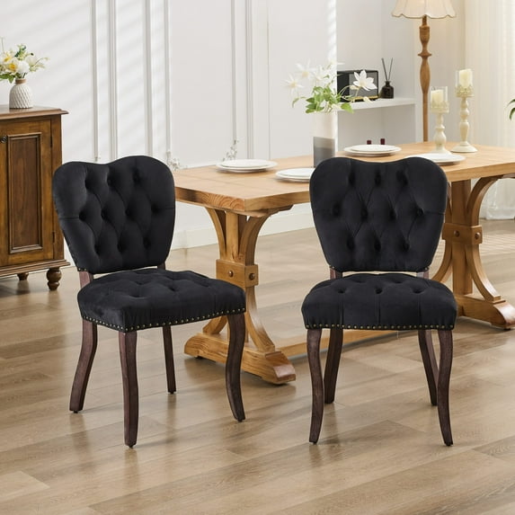 DEALTOPS French Vintage Tufted Upholstered Fabric Dining Chair,Set of 2,Black