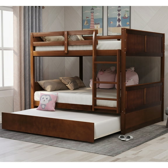 DEALTOPS Full Over Full Bunk Bed with Twin Size Trundle for Kids and Adults, Wood, Walnut