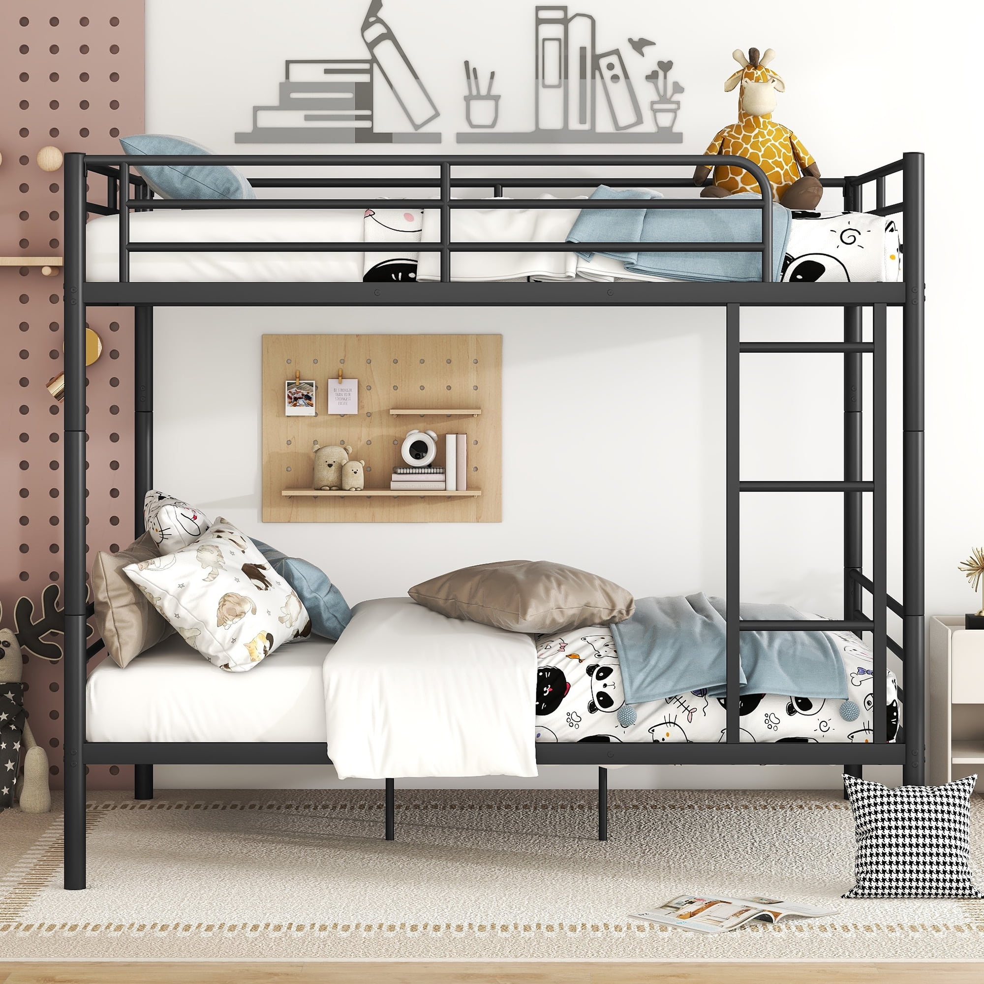 DEALTOPS Full Over Full Metal Bunk Bed, Metal Bedframe with Ladder and Guardrail, Black