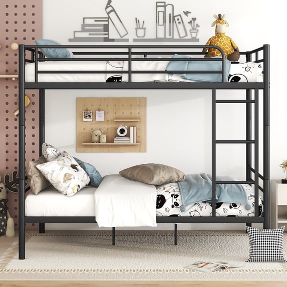 DEALTOPS Full Over Full Metal Bunk Bed, Metal Bedframe with Ladder and Guardrail, Black