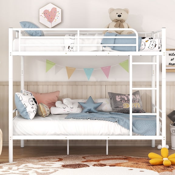 DEALTOPS Full Over Full Metal Bunk Bed, Metal Bedframe with Ladder and Guardrail, White