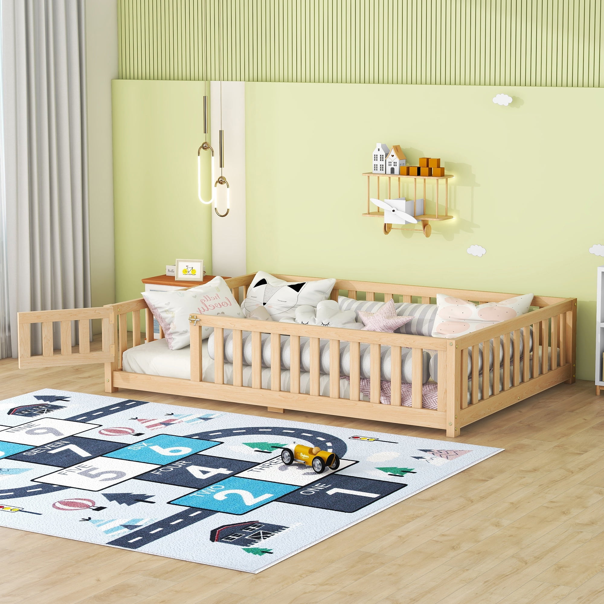 DEALTOPS Full Size Floor Bed with Safety Guardrails and Door Montessori Wood Bed Frame for Kids, Natural