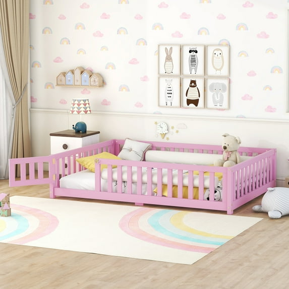 DEALTOPS Full Size Floor Bed with Safety Guardrails and Door Montessori Wood Bed Frame for Kids, Pink