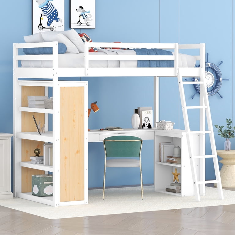 DEALTOPS Full Size Loft Bed with Ladder, Shelves, and Desk, White