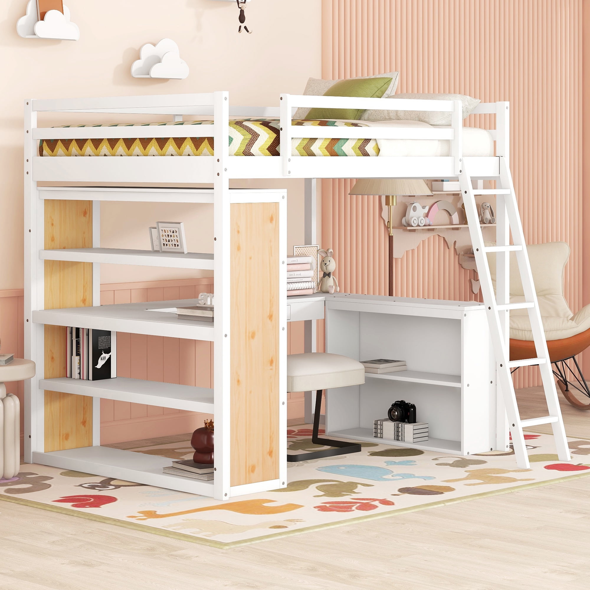 DEALTOPS Full Size Loft Bed with Ladder, Shelves, and Desk, White - White