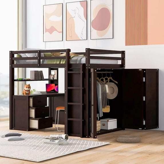 DEALTOPS Full Size Loft Bed with Wardrobe, Wood Loft Bed Frame with Desk 3 Storage Drawers Shelf Space Saving Platform Bed - Espresso