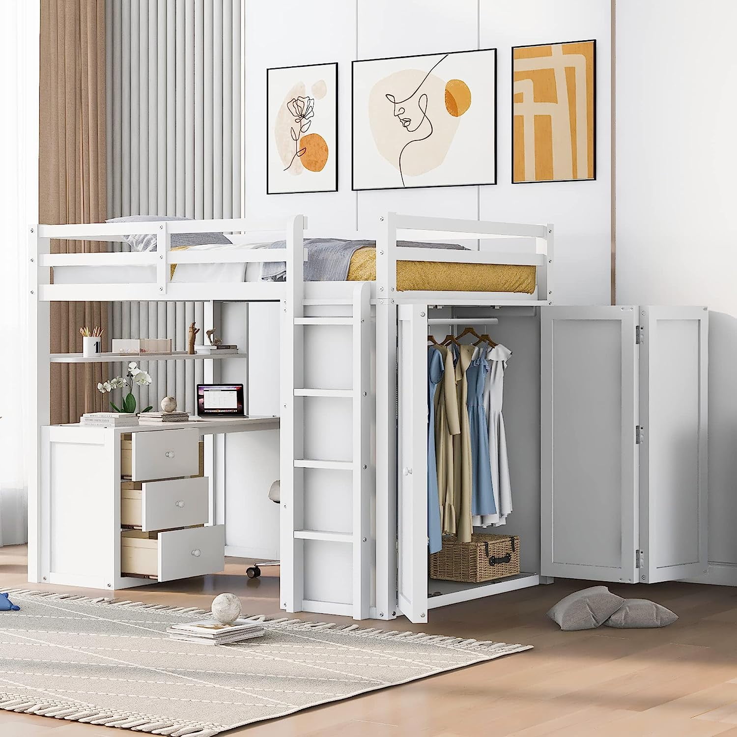 DEALTOPS Full Size Loft Bed with Wardrobe, Wood Loft Bed Frame with Desk 3 Storage Drawers Shelf Space Saving Platform Bed - White
