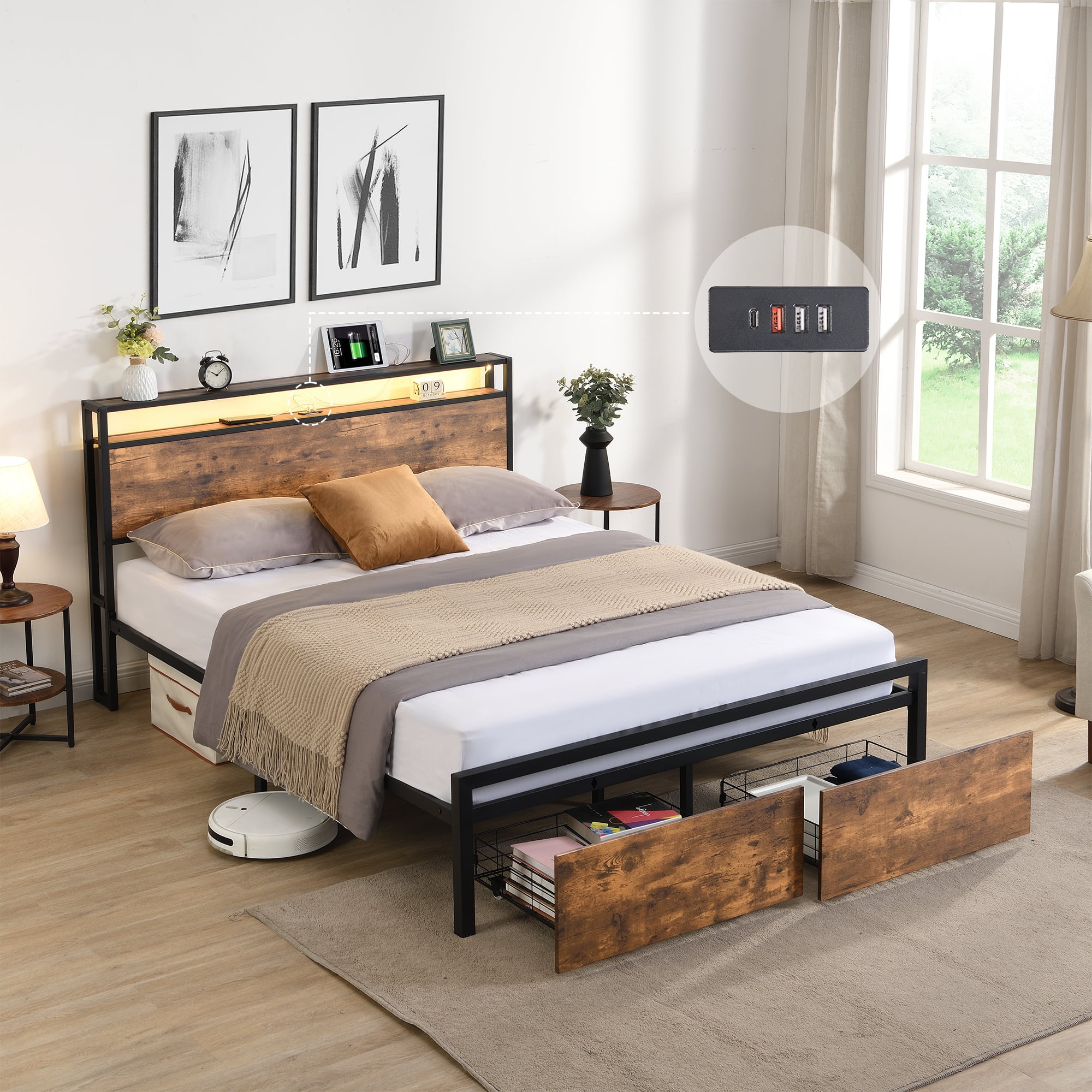 DEALTOPS Full Size Metal Bed with Storage Headboard and 2 Drawers, Platform Bed Frame with LED Lights, Charging Station, Brown